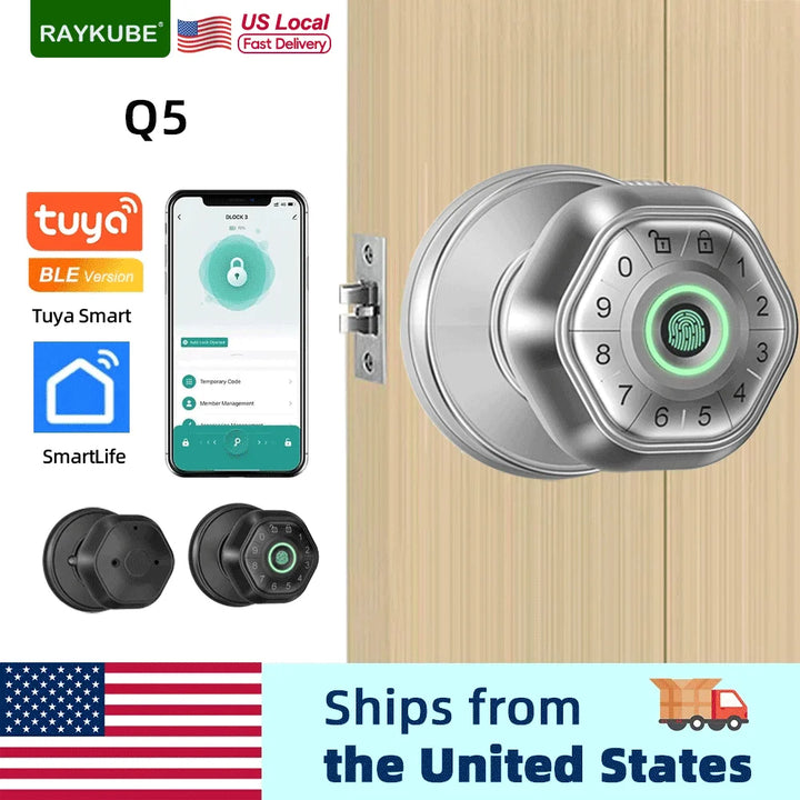 RAYKUBE Q5 USA. Free Delivery Tuya BLE Smart Fingerprint Door Lock Electronic Lock Round Knob with Password/Key/Tuya APP Unlock