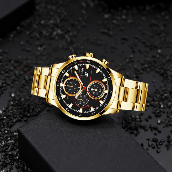 3PCS Fashion Mens Gold Necklace Watches Set Men Business