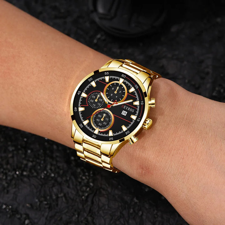 3PCS Fashion Mens Gold Necklace Watches Set Men Business