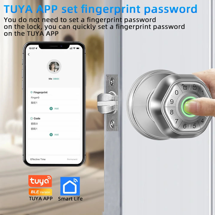 RAYKUBE Q5 USA. Free Delivery Tuya BLE Smart Fingerprint Door Lock Electronic Lock Round Knob with Password/Key/Tuya APP Unlock