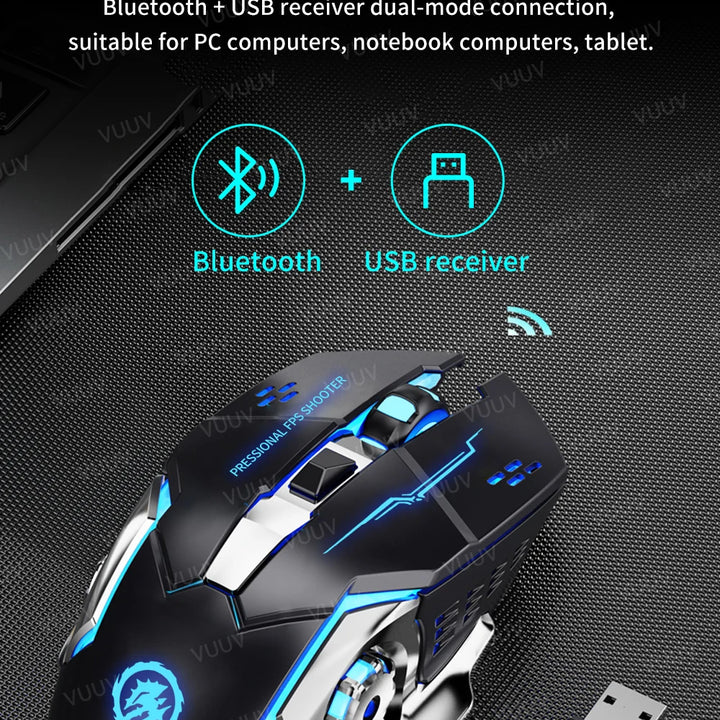 Rechargeable Bluetooth Wireless Mouse with 2.4G USB for Laptop Macbook PC Computer Backlight Gaming Mouse for iPad Tablet Phone