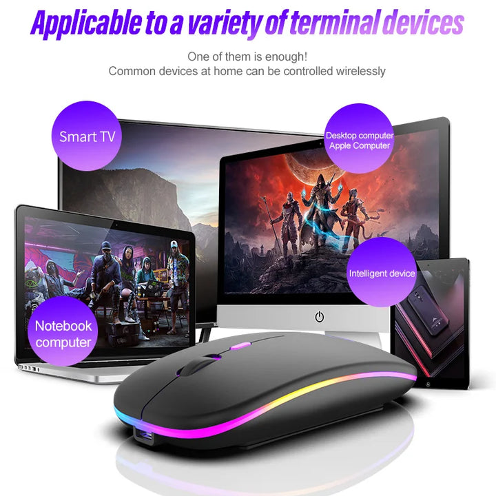 Wireless Mouse Bluetooth and 2.4GHz Dual Modes Rechargeable RGB Ergonomic Silent Click for PC iPad Laptop Cell Phone TV