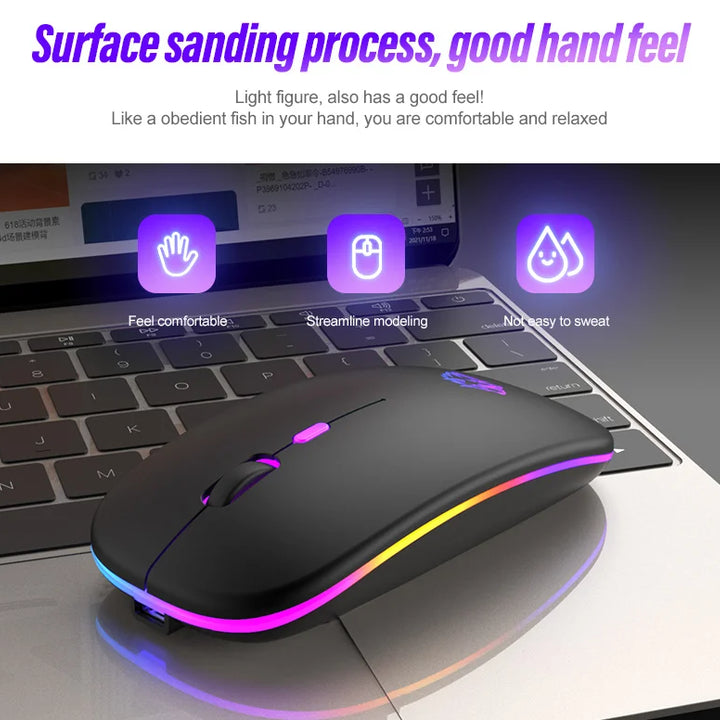 Wireless Mouse Bluetooth and 2.4GHz Dual Modes Rechargeable RGB Ergonomic Silent Click for PC iPad Laptop Cell Phone TV