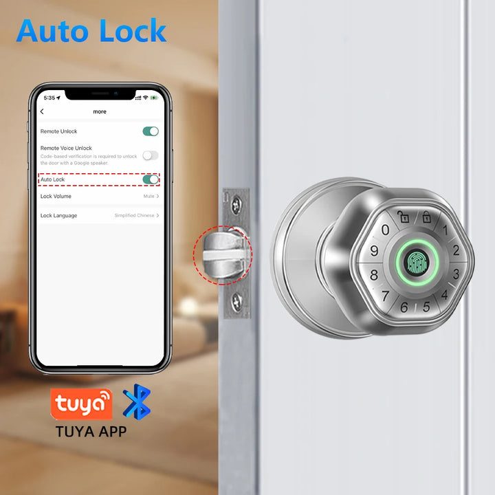 RAYKUBE Q5 USA. Free Delivery Tuya BLE Smart Fingerprint Door Lock Electronic Lock Round Knob with Password/Key/Tuya APP Unlock