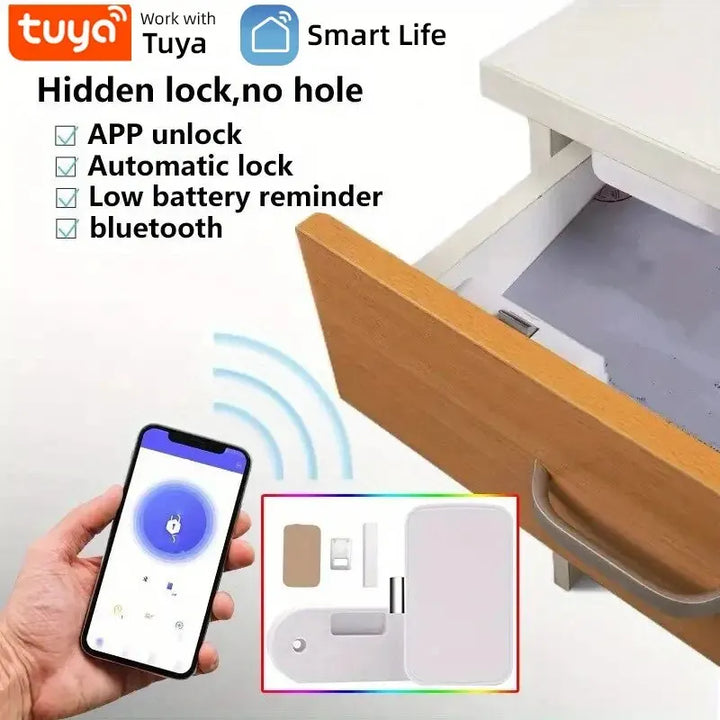 Tuya Lock 1pc Bluetooth Drawer Lock, Wireless Smart Security Cabinet Electronic Lock Keyless Invisible Safety Cabinet Locks