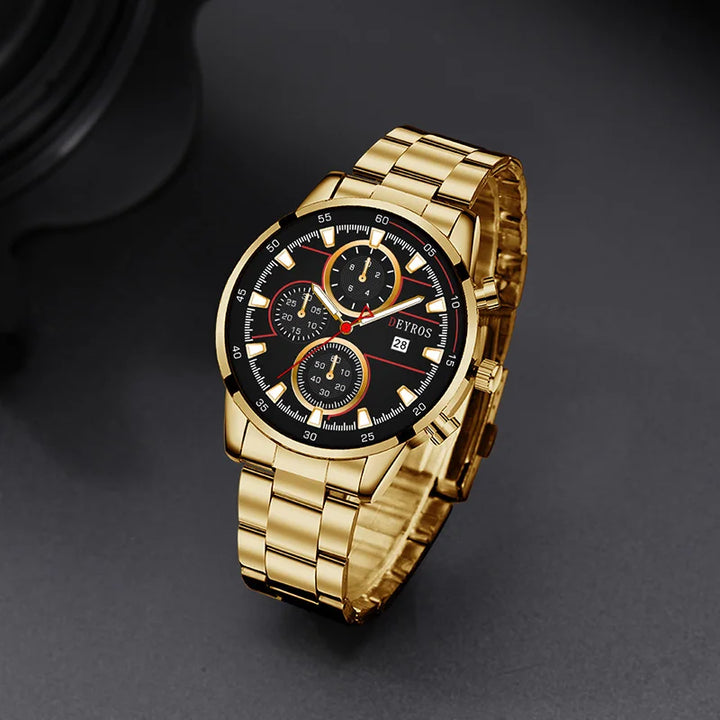 3PCS Fashion Mens Gold Necklace Watches Set Men Business